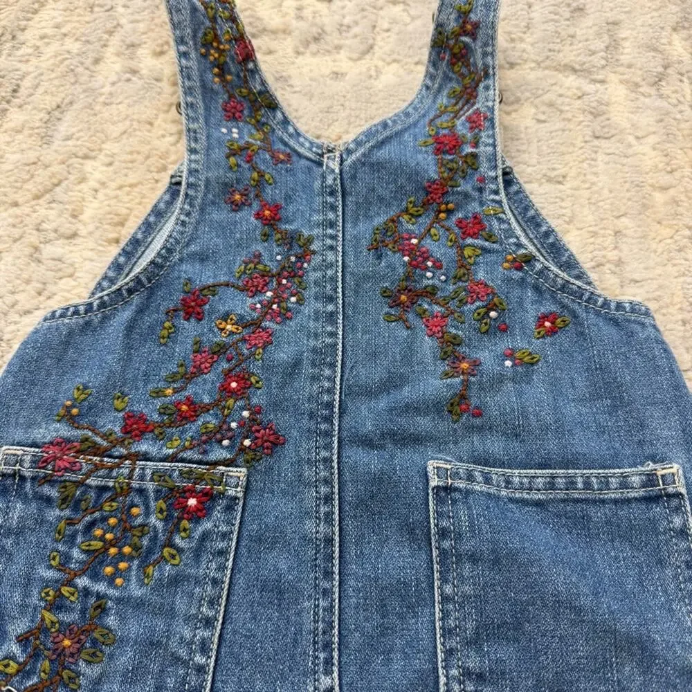 Vintage OshKosh B’gosh Girls Denim Jumper Overall Dress Embroidered Flowers 4T